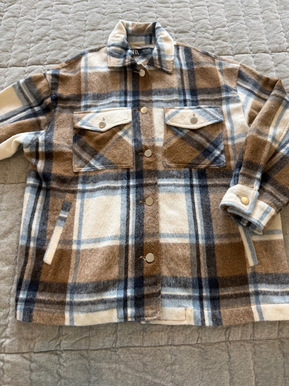 Zara Blue Brown Plaid Wool Blend Morocco Fabric Jacket Shacket Fall Winter Mediu